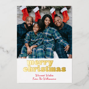 Tarjeta Festiva Con Relieve Metalizado Negrita Feliz Navidad Luxe Foto Alegre Moderno Dor