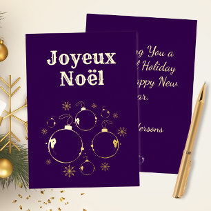 Tarjeta Festiva Con Relieve Metalizado Negrita púrpura moderna Joyeux Noel oro