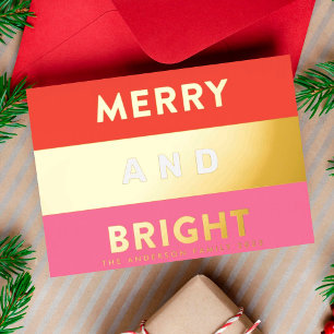 Tarjeta Festiva Con Relieve Metalizado Negrita Rayas Modernas de Oro Real MERRY AND BRIGH