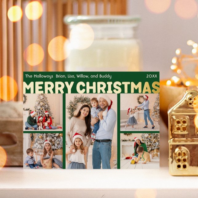 Tarjeta Festiva Con Relieve Metalizado Negrita verde cinco fotos Feliz Navidad Gold (Subido por el creador)