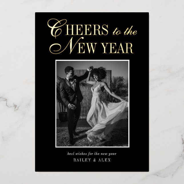 Tarjeta Festiva Con Relieve Metalizado New Year Newlyweds Modern Wedding Photo (Anverso)