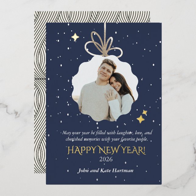 Tarjeta Festiva Con Relieve Metalizado New Years Foil Greeting Card with Photo Ornament (Anverso/Reverso)