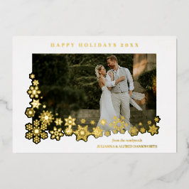 Tarjeta Festiva Con Relieve Metalizado Newlyweds First Christmas Snowflakes Frame Photo