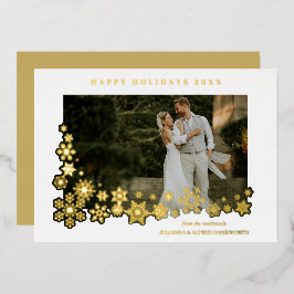Tarjeta Festiva Con Relieve Metalizado Newlyweds First Christmas Snowflakes Frame Photo