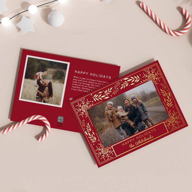 Tarjeta Festiva Con Relieve Metalizado Nieve Art Decó Foto Feliz feriado (Snowflake art deco berry holly photo holiday card perfect elegant Christmas card.)