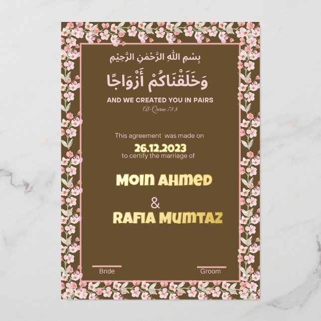 Tarjeta Festiva Con Relieve Metalizado Nikkah rosa marrón, certificado de matrimonio islá (Anverso)