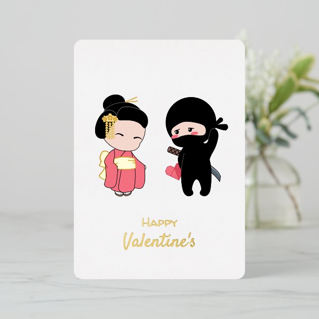Tarjeta Festiva Con Relieve Metalizado Ninja y Geisha Feliz Valentine (Anverso de pie)