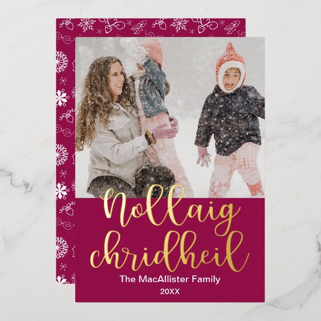 Tarjeta Festiva Con Relieve Metalizado Nollaig Chridheil, escoceses gaélico Feliz Navidad (Anverso/Reverso)