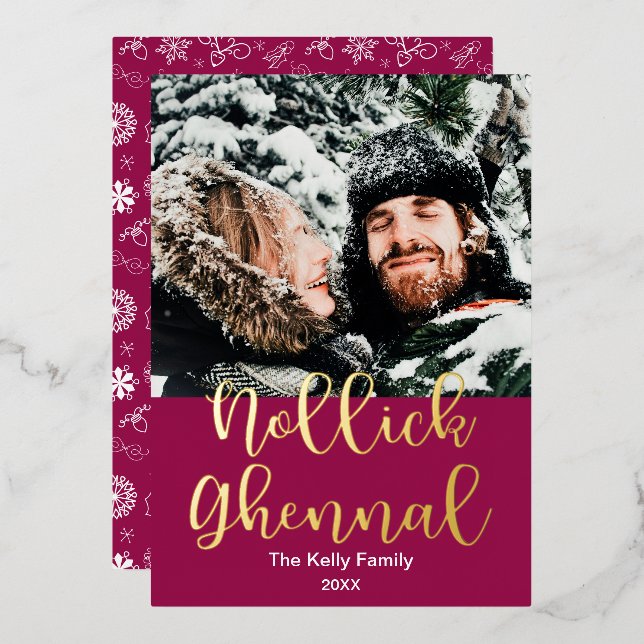 Tarjeta Festiva Con Relieve Metalizado Nollick Ghennal, Manx Feliz Navidad, Elegante (Anverso/Reverso)