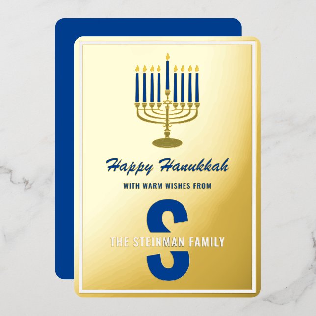 Tarjeta Festiva Con Relieve Metalizado Nombre de familia Monograma Menorah Candle Happy H (Anverso/Reverso)