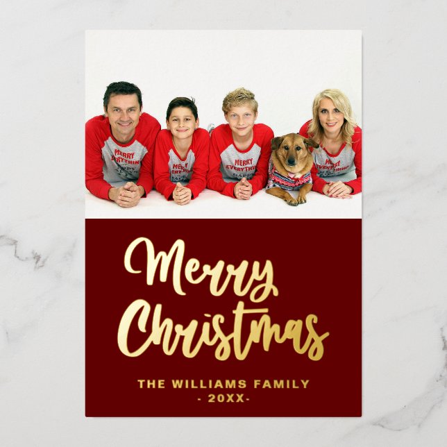 Tarjeta Festiva Con Relieve Metalizado Nombre de la foto familiar Merry Christmas Dark Re (Anverso)