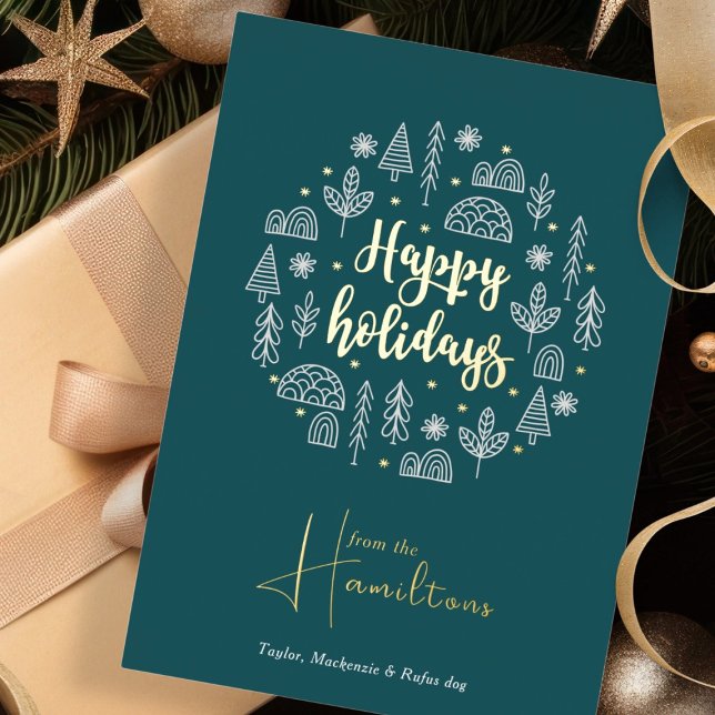 Tarjeta Festiva Con Relieve Metalizado Nórdicos escandinavos Felices Fiestas personalizad (Scandinavian Nordic Happy Holidays Personalized Foil Holiday Card by Ricaso green, white, REAL foil
)
