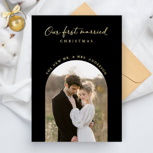 Tarjeta Festiva Con Relieve Metalizado Nuestros primeros Navidades casados arman foto de