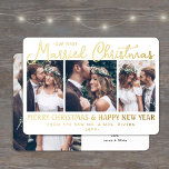 Tarjeta Festiva Con Relieve Metalizado Nuestros primeros Navidades casados recién casados<br><div class="desc">Enviar alegres deseos de vacaciones como nuevo Sr. ¡Y la Sra.! Celebra el matrimonio como recién casados y comparte cuatro de tus fotos favoritas de bodas con un elegante collage de fotos de personalizados "Nuestros primeros Navidades casados" con una tarjeta de vacaciones de Relieve metalizado dorado. Todo el texto de...</div>