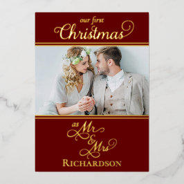 Tarjeta Festiva Con Relieve Metalizado Nuestros primeros recién casados de Navidad