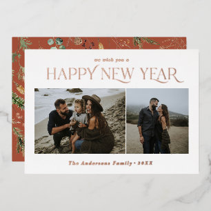 Tarjeta Festiva Con Relieve Metalizado Nuevo año 2 foto terracota floral botánica