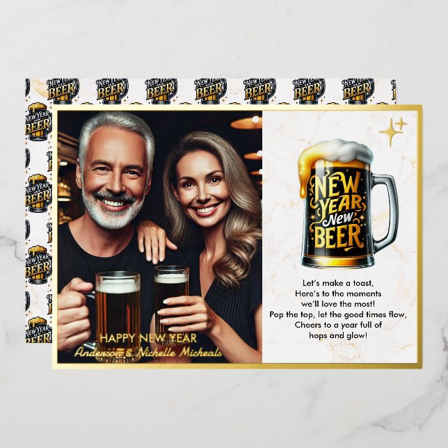 Tarjeta Festiva Con Relieve Metalizado Nuevo Año Nueva Cerveza Foto Divertida (Anverso/Reverso)
