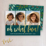 Tarjeta Festiva Con Relieve Metalizado Oh Qué Diversión - Moody Verde azulada Green - Fot<br><div class="desc">Moody Blue Verde azulado y Sage Green - Un estilo moderno para una tarjeta de fotos de vacaciones. FRENTE - El saludo de Relieve metalizado de oro - ¡oh qué divertido! - está encima de 3 fotos. El saludo familiar está en el fondo. BACK - Las hojas y bayas botánicas...</div>