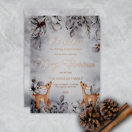 Tarjeta Festiva Con Relieve Metalizado Oh Rústico de venado invierno Floral Feliz Navidad