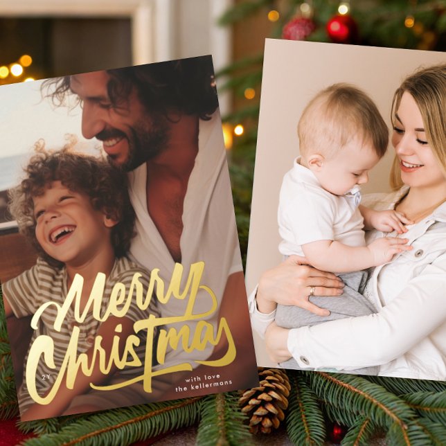 Tarjeta Festiva Con Relieve Metalizado One Photo Retro Gold Merry Christmas Script  (Subido por el creador)