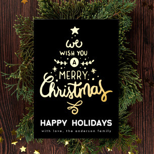 Tarjeta Festiva Con Relieve Metalizado Onyx Gold Les Deseamos un Feliz Árbol de Navidad F