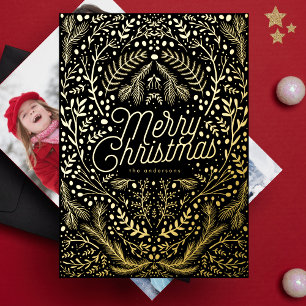 Tarjeta Festiva Con Relieve Metalizado Onyx Negro Oro Follaje y Bayas Feliz Navidad