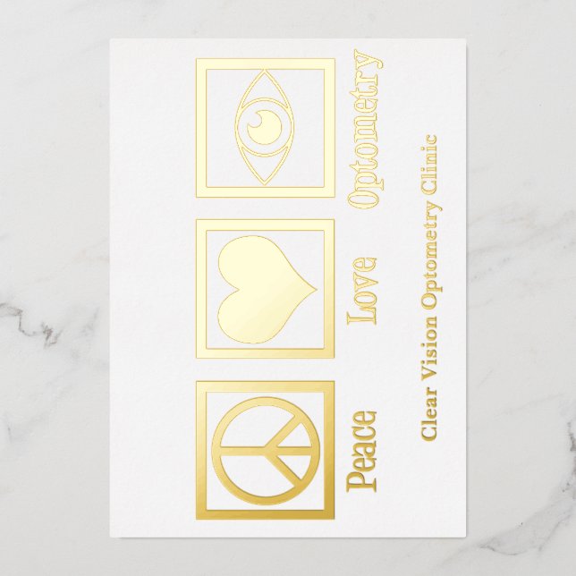 Tarjeta Festiva Con Relieve Metalizado Optometría Paz Amor Médico Personalizado de Ojos e (Anverso)