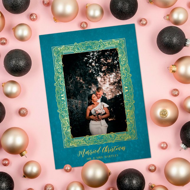 Tarjeta Festiva Con Relieve Metalizado Opulent Frame Married Christmas Turquoise Photo (Subido por el creador)