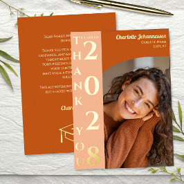 Tarjeta Festiva Con Relieve Metalizado Orange Modern Photo Graduation Thank You Gold 