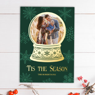 Tarjeta Festiva Con Relieve Metalizado Ornamento de Navidad con Foto Personalizada en Glo