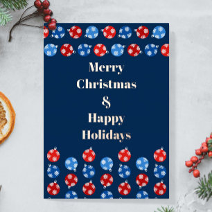 Tarjeta Festiva Con Relieve Metalizado Ornamentos azules y rojos de navidad con copos de 
