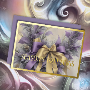 Tarjeta Festiva Con Relieve Metalizado Ornamentos Cinta satinada Evergreen Lavender Gold