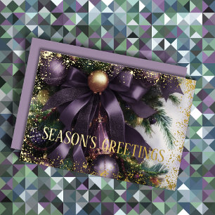 Tarjeta Festiva Con Relieve Metalizado Ornamentos Cinta satinada Evergreen Purple Gold