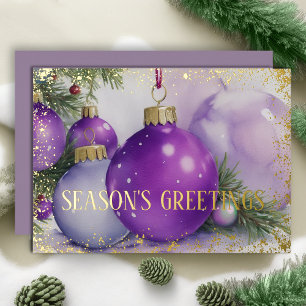 Tarjeta Festiva Con Relieve Metalizado Ornamentos Cinta satinada Evergreen Purple Gold