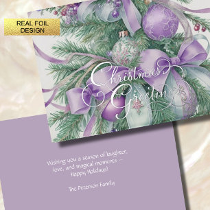 Tarjeta Festiva Con Relieve Metalizado Ornamentos Cinta satinada Evergreen Púrpura Verde