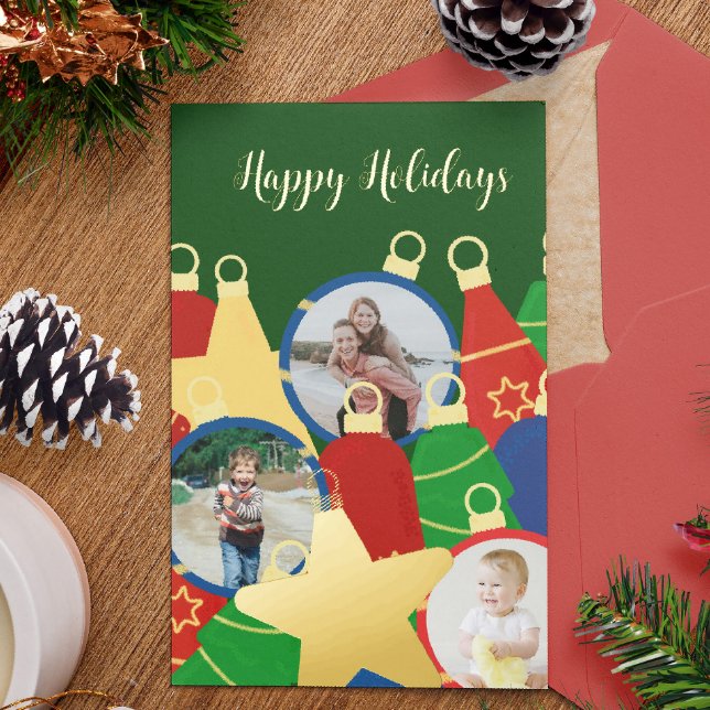 Tarjeta Festiva Con Relieve Metalizado Ornamentos de Navidad retro Foto (Retro Christmas ornaments custom card with your photos. Personalize it with your text and images.)