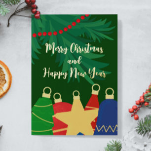 Tarjeta Festiva Con Relieve Metalizado Ornamentos de Navidad y perlas cutáneos