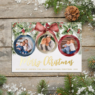 Tarjeta Festiva Con Relieve Metalizado Ornamentos navideños de color acuático moderno 3 f