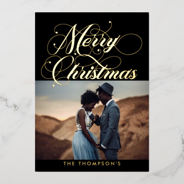 Tarjeta Festiva Con Relieve Metalizado Ornate Black Gold MerryChristmas Relieve metalizad (Anverso)