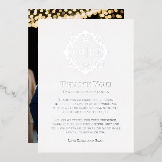 Tarjeta Festiva Con Relieve Metalizado Ornate Floral Monograma Boda Gracias Foto (Anverso/Reverso)