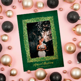 Tarjeta Festiva Con Relieve Metalizado Ornate Frame Married Christmas Green Photo