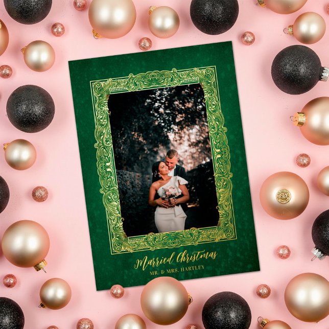 Tarjeta Festiva Con Relieve Metalizado Ornate Frame Married Christmas Green Photo (Subido por el creador)
