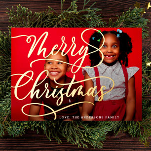 Tarjeta Festiva Con Relieve Metalizado Oro Alegre Letra de Navidad Foto Familiar