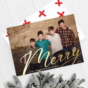 Tarjeta Festiva Con Relieve Metalizado Oro Alegre Paisaje de Navidad Foto de Familia co