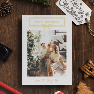 Tarjeta Festiva Con Relieve Metalizado Oro Blanco Lazo Bonito Foto Feliz Navidad