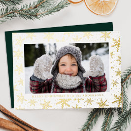 Tarjeta Festiva Con Relieve Metalizado Oro con copos de nieve dorados