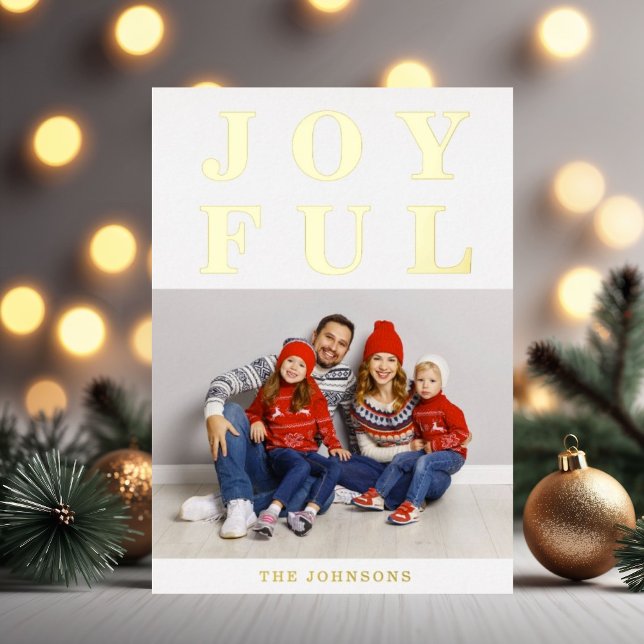 Tarjeta Festiva Con Relieve Metalizado Oro de los alegres Navidades de fotografía moderno (Elegant Joyful Photo Christmas Gold Foil Holiday Card)