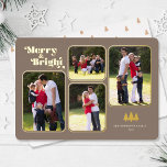 Tarjeta Festiva Con Relieve Metalizado Oro de los Navidades de fotografía retro de Merry<br><div class="desc">Esta tarjeta de Navidades muestra el texto "Merry & Bright" apareciendo en un divertido tipo retro de Relieve metalizado dorado sobre un fondo oscuro y bronceado. El diseño ofrece 4 marcos de fotos para tus fotos favoritas. Fotografía © Storytree Studios,  Stanford,  CA</div>