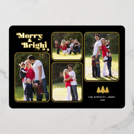 Tarjeta Festiva Con Relieve Metalizado Oro de los Navidades de fotografía retro de Merry 