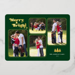 Tarjeta Festiva Con Relieve Metalizado Oro de los Navidades verdes de la foto retro de Me<br><div class="desc">Esta tarjeta de Navidades muestra el texto "Merry & Bright" apareciendo en un divertido tipo de Relieve metalizado oro retro sobre un fondo verde oscuro. El diseño ofrece 4 marcos de fotos para tus fotos favoritas. Fotografía © Storytree Studios,  Stanford,  CA</div>